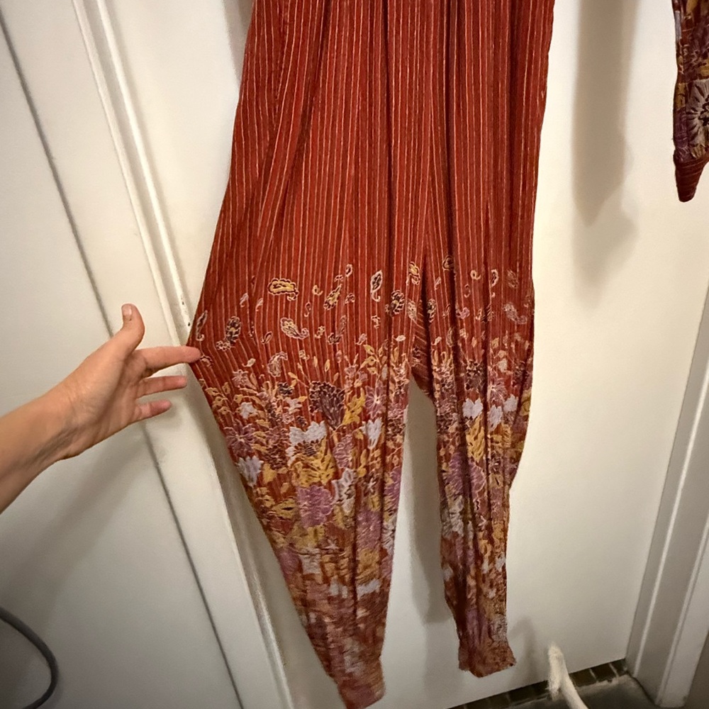 Anthropologie Rust Red bolo Floral open back long sleeved Jumpsuit - Picture 6 of 11